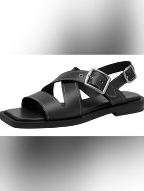 Coach Black Leather Strappy Sandal with Silver Buckles